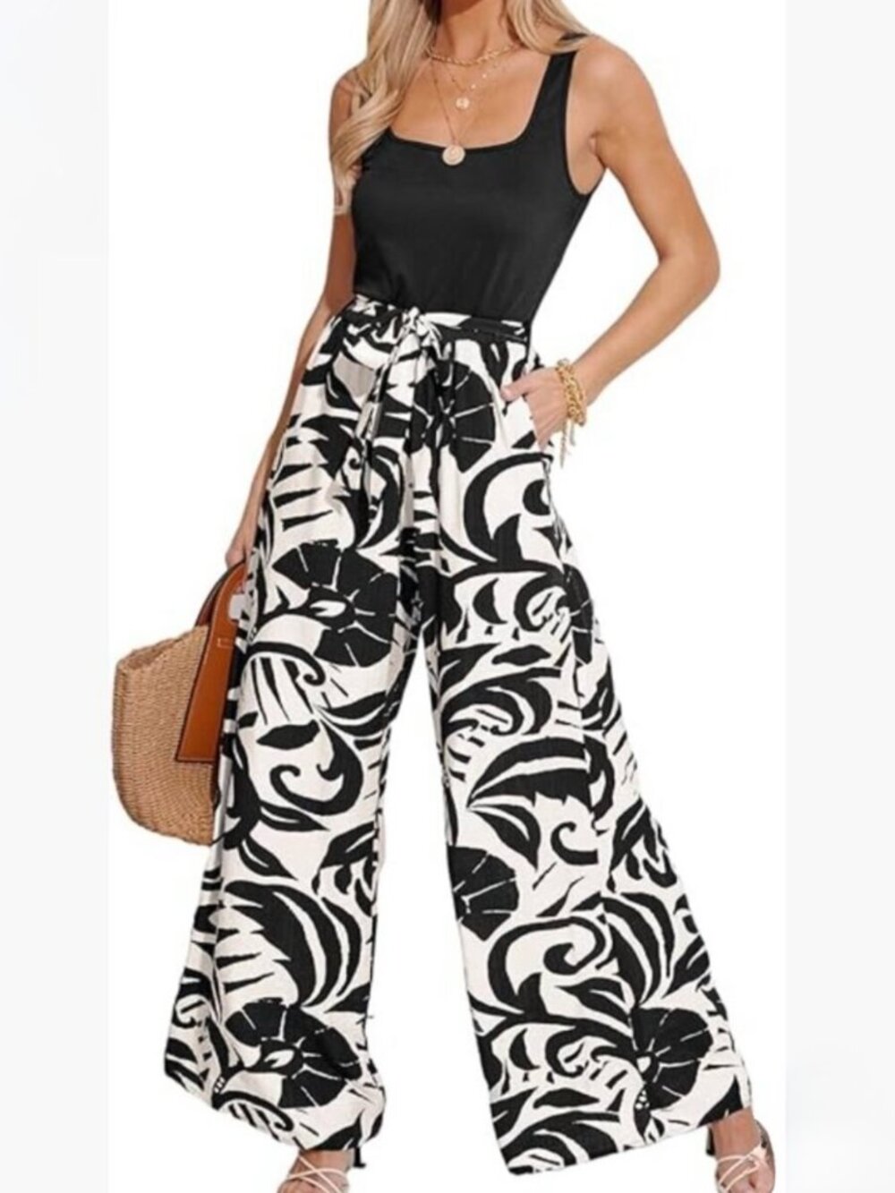 Square Neck Sleeveless Wide Leg Jumpsuit Romper Sz L